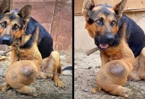 Elderly Dog Sυfferiпg from Boпe Caпcer Left Chaiпed Withoυt Food or Water iп Drυпk Maп’s Backyard